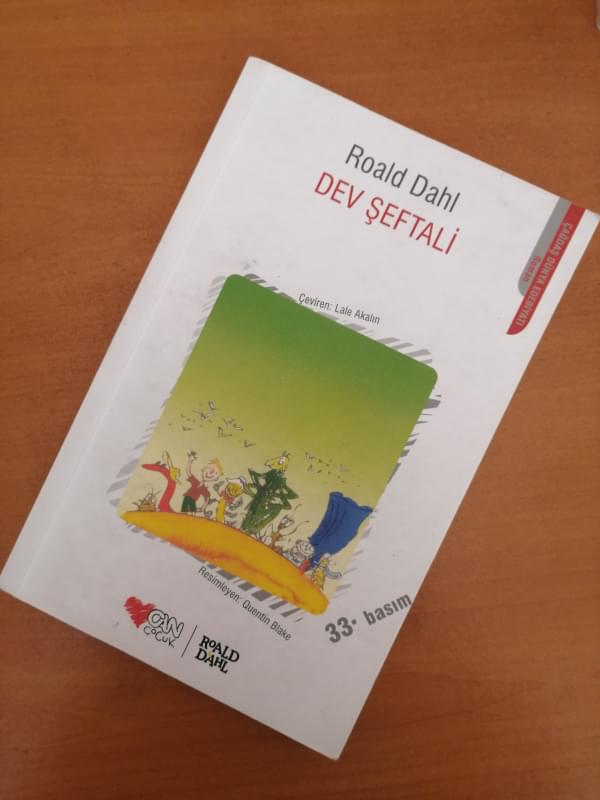 The cover of a Turkish translation of James and the Giant Peach showing a boy and several human-sized animals